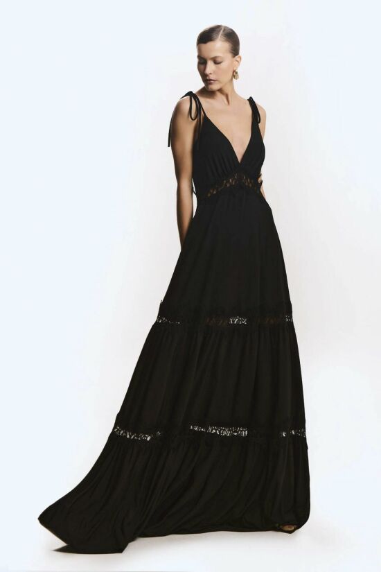 Imagem de Vestido longo Fluido Entremeio Em Renda Amarração Alça Preto Zen